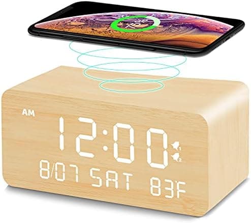 Andoolex Wooden Digital Alarm Clock with Wireless Charging, 0-100% Adjustable Brightness Dimmer and Alarm Volume, Weekday/Weekend Mode, Dual Alarm, Snooze, 12/24H, Wood LED Clock for Bedroom (Bamboo)