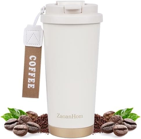 ZaoanHom Insulated Coffee Mug with Ceramic Coating, 18 oz Ceramic Lined Travel Coffee Mug with Leakproof Lid, Double Wall Stainless Steel Hot ＆ Cold Drinking Cup for Office Camping Travel, White