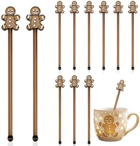 FoldTier 12 Pcs Christmas Glass Drink Stirrers 7 Inch Xmas Stir Sticks Reusable 3D Coffee and Cocktail Stirrers Hot Cocoa Bar Supplies for Holiday Party Favors (Gingerbread Man)