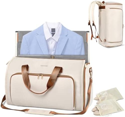 Garment Bags for Travel, Convertible Garment Bag with Detachable Hanging Suit Bag, Carry on Travel Duffel Bag with Shoulder Strap and Shoes Cover, 3 in 1 Hanging Suit Bags for Women/Men, White Brown