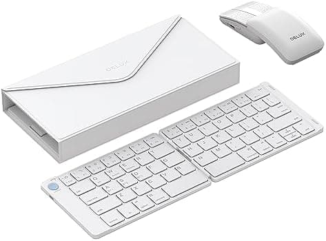 DELUX PockCombo Wireless Keyboard and Mouse with Protective Case, Foldable Bluetooth Keyboard, 2-in-1 Mini Sliding Wireless Mouse with Pointer, Portable Lightweight Mouse and Keyboard Combo (White)