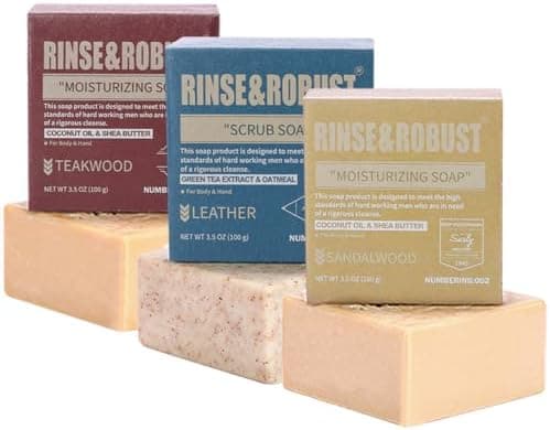 Rinse & Robust Mens Bar Soap Bath Bar Soap 3Pack Handmade Natural Soap Bar Set Cleansing Bar Moisturizing&Exfoliating Scrub Soap Gift Set for Men | Leather, Sandalwood, Teakwood | 3.5 oz of 3 Bars