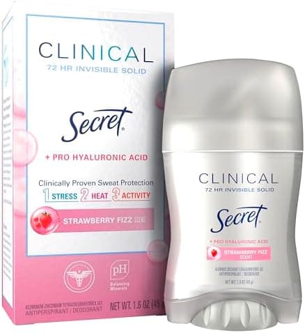 Secret Clinical Strength Antiperspirant Deodorant for Women, 3X Stress Protection, 72hr Sweat & Odor Protection, Pro-Hyaluronic Acid, Invisible Solid, Strawberry Summer Fizz Scent, 1.6 oz