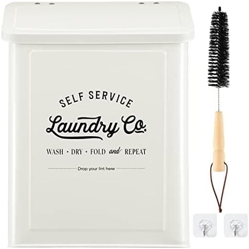 MONJITA Magnetic Lint Bin for Laundry Room, Metal Trash Can with Lid for Dryer, Farmhouse Lint Holder, Laundry Co Sign, Laundry Room Storage Decor with Dryer Lint Brush(White)