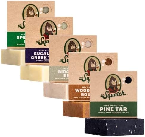 Dr. Squatch Natural Men’s Bar Soap - Cold Process Body Soap Bar with Natural Oils - Gifts for Men - Spearmint Basil, Pine Tar, Birchwood Breeze, Wood Barrel Bourbon & more (5 oz, 5-Pack)