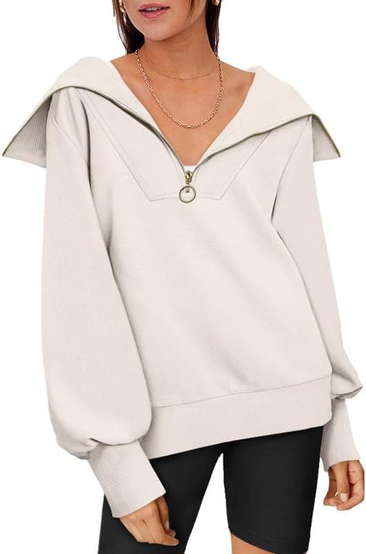 EFAN Half Zip Sweatshirts for Women Casual Pullover 1/2 Zipper Relaxed Drop Shoulder Lapel Collar Hoodies for Teen Girls Off-white