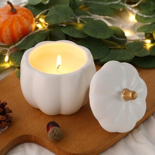 PAADECK Fall Decor-Fall Candle with Ceramic Pumpkin Jar-Pumpkin Spice Candles for Home, Autumn Pumpkin Candle Decor- Halloween Thanksgiving Gift Natural Soy Wax Candles (White)