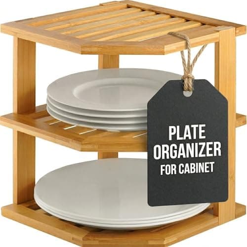Plate Organizer for Cabinet - 3 Tier Bamboo Corner Shelf Cabinet Organizer for Plates, Bowls, Mugs and Pantry Storage, Space Saving Countertop and Cabinet Corner Shelf, 10 x 10 x 9.5 Inch, Bambusi | Kitchen Counter, Cabinet Space Saver, Plates, Dishes, Bowls, Bread Pantry