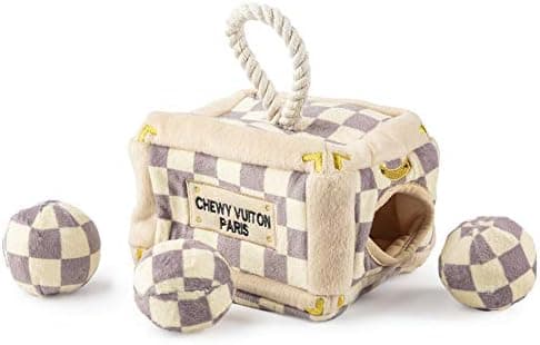 Haute Diggity Dog Checker Chewy Vuiton Trunk Activity House, Plush Designer Dog Toys with Interactive Squeaker, Stimulating Pet Enrichment, Machine-Washable & Safe Materials for All Breeds, One Size
