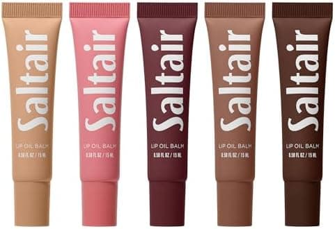 Saltair Hydrating Lip Oil Balm, Clear and Tinted Lip Gloss, Essentials Shades 5-Pack. Moisturizing Vegan Conditioning for Dry Cracked Lips with Glossy High-Shine Finish. Coconut Vanilla Flavor