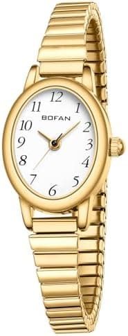 BOFAN Small Gold Watches for Women Easy Read Ladies Quartz Wrist Watch with Stainless Steel Expansion Band,Waterproof.