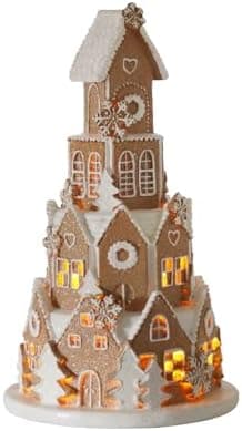 Braxio Indoor Christmas Decorations Resin Gingerbread House with LED Light - Traditional Cottage & Church Village Collectible Figurines, 5.0 x 5.0 x 8.25 Inch, Gingerbread Color​
