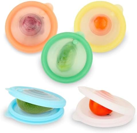 Silicone Reusable Vacuum-Seal Storage Containers for Fridge,Fresh Fruit,Vegetables,Garlic,Onions,Lemons,Potatoes,Meat,for Microwave Oven Heating,Freezer,Dishwasher,Avocado Saver,Tomato Holder,5 Pack