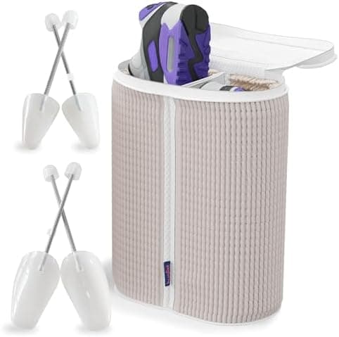 HugList Dual Shoe Bag for Washing with Adjustable Shoe Trees, Laundry Shoe Bag for 2 Shoes, Fluffy Chenille Fiber, Wrap-around Cleaning, Olive-shaped Design, Durable Zipper, Beige