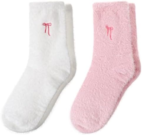 Prasacco 2 Pairs Fuzzy Socks for Women Thick Fluffy Socks with Bows Soft Slipper Sock Spa Home Sleeping Coquette Stuff