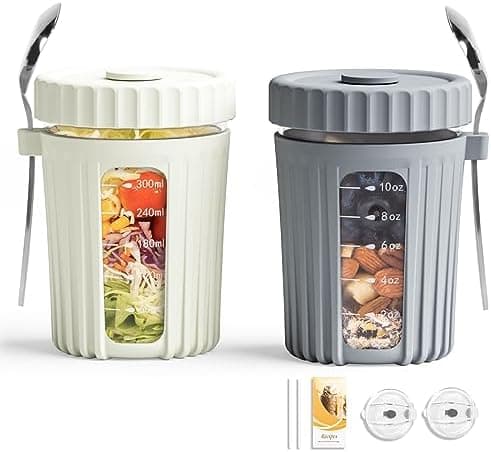 PUNLUXU Overnight Oat Jars With Scoop And Lid 16 OZ [2 Pack], Airtight Oatmeal Container With Measurement Mark, Mason Jar With Sealed Lid And Straw, Cereal Container For On-The-Go (Gray And Off-White)