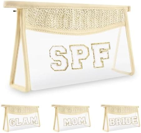 Iqimott Boho Patch SPF Bag Clear Makeup Letter Bag, Waterproof Zipper Make up Bags Toiletry Pouch for Women Girls, Clear Letter Patch Cosmetic Bags Transparent Organizer Pouch for Travel(SPF, Beige)