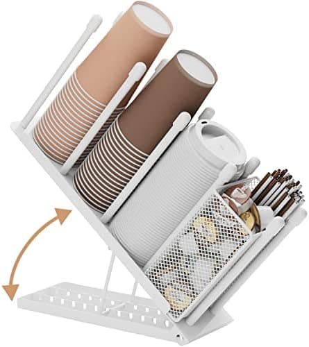 OVICAR Cup and Lid Holder - Adjustable Coffee Cup Holder Organizer 4 Compartment Disposable Paper Plastic Cup Dispenser with Straw Storage Basket for Coffee Bar Station Breakroom Countertop White