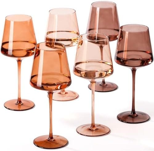 Brown Wine Glasses Set of 6-18oz【Hand Blown】 Colored Wine Glasses with Tall Long Stems and Flat Bottom, Amber Colored Glassware-Unique Gifts for Wine Lovers-Wedding Gifts