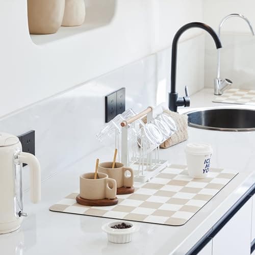 Ohocut Checkered Dish Drying Mat for Kitchen Counter, Coffee Bar Station Accessories, Retro Cute Aesthetic Modern Absorbent Drainer Mat Kitchen Drying Mat Easy Clean, Beige 12" x 19"