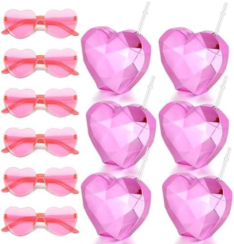 Yaomiao 6 Set Galentines Day Party Favors Pink Heart Shaped Cups Glasses for Women Girls Valentines Party Supplies Reusable Galentines Cups Sunglasses Bulk for Valentines Goodie Bag Stuffers Gifts
