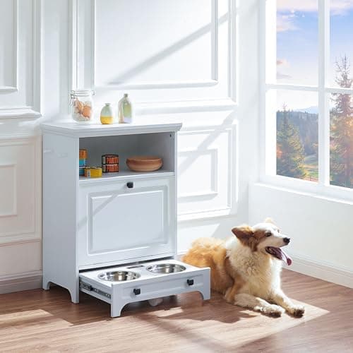 Roomfitters Modern Pet Feeding Station Furniture with 2 Elevated Dog Bowls, Dog Proof Hidden Design, Tilt Out Pet Food Storage Cabinet, Pet Toy Storage Organizer, White
