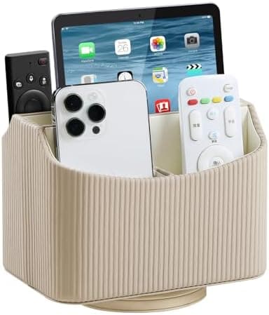 NICLNGSH PU Leather Remote Control Holder, 360 Degree Rotating Desk Organizer Storage Table Remote Caddy, Spinning Bedside Organizer Nightstand Organizer for Desktop Office Home (Beige)