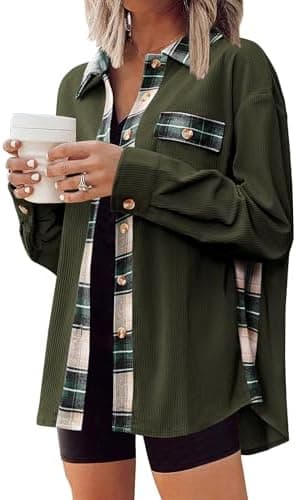 Zeagoo Womens Corduroy Flannel Shacket Jacket Casual Plaid Button Down Shirts Long Sleeve Fall Tops with Pockets