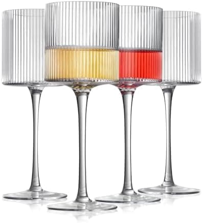 INSETLAN Square Wine Glasses Set of 4, Elegant Ribbed Design Wine Glasses 12.5oz, Long Stem Unique Modern Shape - Hand Blown Premium Wine Glass, For Red & White Wine Home Bar Party