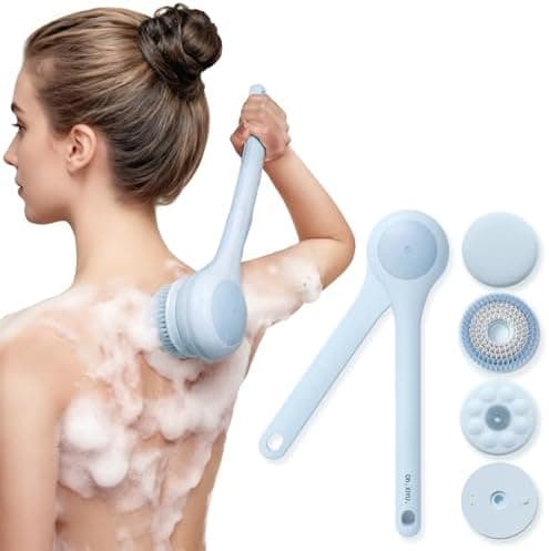 Oh,XIYU. Electric Body Brush Back Scrubber for Shower, Waterproof Long Dual Handle Power Body Scrubber with 3 Heads, Bath Brush & 2 Speeds, for Cleansing, Exfoliating and Massaging Skin, Sky Blue