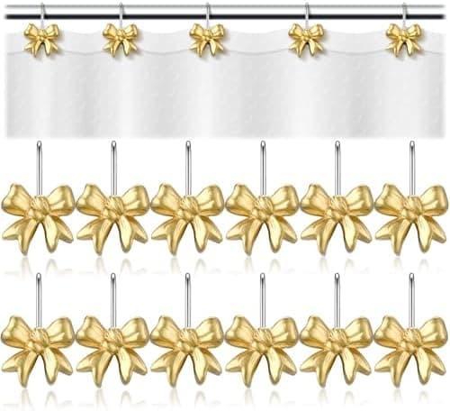 Yaocom 12 Pcs Gold Bow Knot Shower Curtain Hooks Rustproof Metal Decorative Shower Hangers Bulk Glide Curtain Rings for Bathroom Bedroom Living Room Art Decoration (Classic)