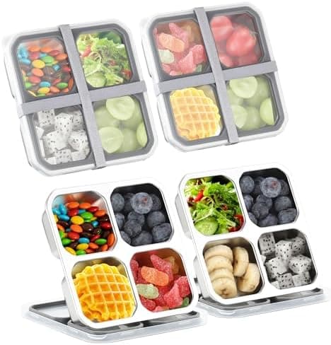 BEFOY 4 Divided Compartments Snack Containers Bento Snack Box with Lid Stainless Steel Kids Plates Reusable Meal Prep Lunch Box Food Storage Containers for Adults Travel Work