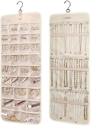 BAGSMART Hanging Jewelry Organizer Storage Roll with Hanger Metal Hooks Double-Sided Jewelry Holder for Earrings, Necklaces, Rings on Closet, Wall, Door, 1 piece, Large, Beige