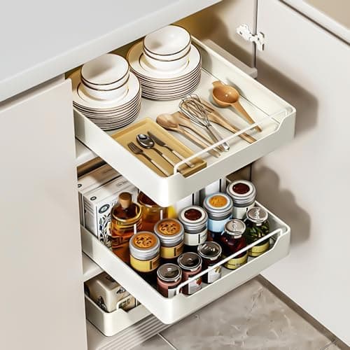 QUSEHA Pull Out Cabinet Organizer Fixed with Adhesive Nano Film, Heavy Duty Slide Out Pantry Shelves, Sliding Drawer Pantry Shelf for Kitchen, Living Room, Home,12.2" W x16.9 D x 2.75" H