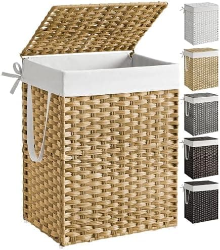 SONGMICS Laundry Hamper with Lid, 23.8 Gallon (90 L) Synthetic Rattan Clothes Laundry Basket with Lid and Handles, Foldable, Removable Liner, Goose Yellow ULCB51NL