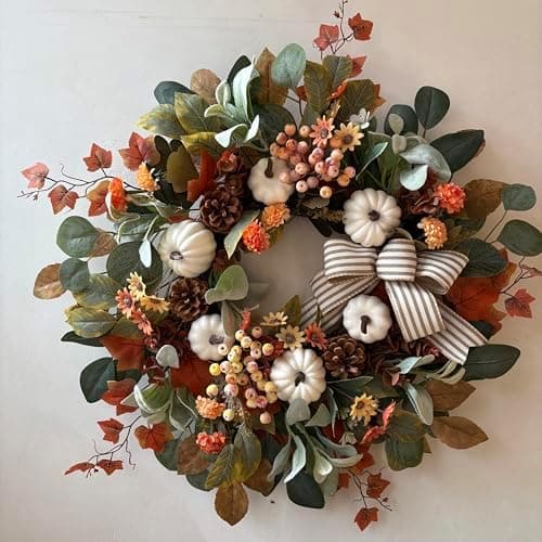 WANNA-CUL 24 inch Large Farmhouse Fall Wreath Decor for Front Door with White Pumpkin, Green Lamb's Ear and Eucalyptus Leaves, Harvest Door Wreath for Autumn or Thanksgiving Decorations