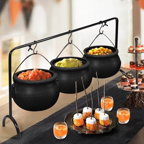 ORIENTAL CHERRY Halloween Decor - Halloween Party Decorations - Set of 3 Witches Cauldron Serving Bowls on Rack - Black Plastic Cauldron for Indoor Outdoor Home Kitchen Decoration
