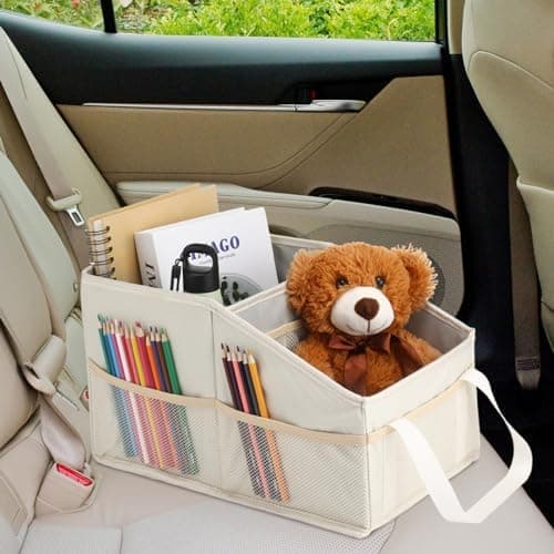 Honeydak Passenger Seat Organizer, Collapsible Car Storage for Console Front/back Seat with Multi-pockets Car Caddy Organizer Suv Truck for Kids Adults Accessories(Beige,2 Compartments)