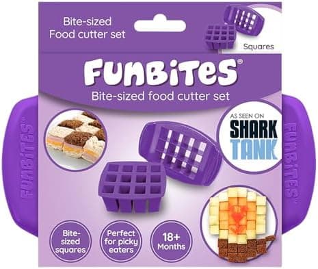 FUNBITES Crustless Sandwich Cutter for Kids Lunch (2-piece set), Uncrustable Sandwich Cutter, Bite-Size Food Cutter for Toddlers, Bento Box Accessories, Dishwasher Safe, Purple Squares 1pk