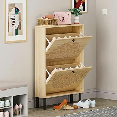 SSLine Shoe Cabinet with 2 Flip Down Storage Shelves Free-Standing Shoe Rack Rustic Wood Shoe Storage Organizer with Unique Rattan Decor for Entryway Hallway Doorway (Natural)