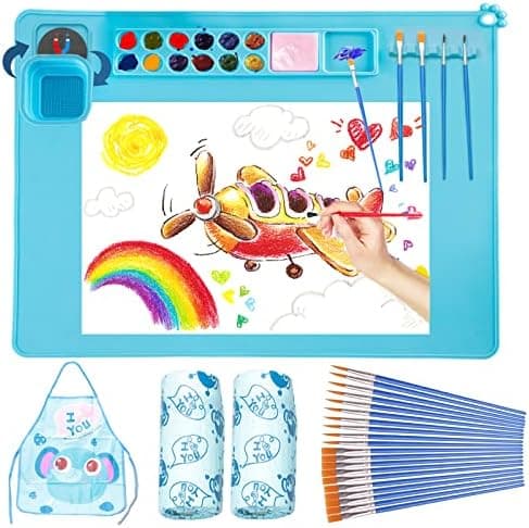 Lymoc Painting Stations,Silicone Art Mat [1x Apron,1 Pair Oversleeve,20 Pieces Brushes] Painting Craft Mats 21"X17" with Detachable Cup for Resin for Kids Gift,Paint, Clay, DIY Projects