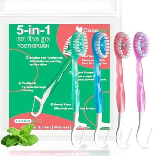 COCOBURI 5 in 1 Disposable mini Toothbrushes on the go Toothbrush Portable Travel Toothbrush（Toothpaste + Tongue Scraper + Floss + Picks Individually Wrapped Prepasted Oral Care Mint 24 Packs
