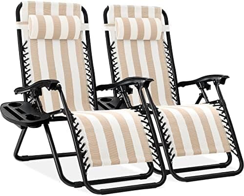 Best Choice Products Set of 2 Adjustable Steel Mesh Zero Gravity Lounge Chair Recliners w/Pillows and Cup Holder Trays - Tan Striped