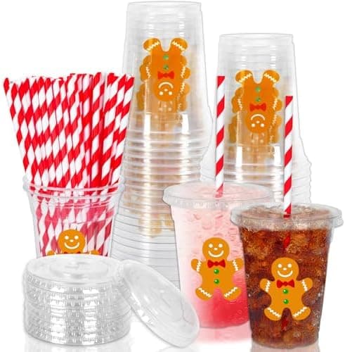 Whaline 50Pcs Christmas Disposable Plastic Cups with Lids and Straws 12oz Party Cups Gingerbread Man Cold Beverage Drinking Cups for Xmas Holiday Party Supplies