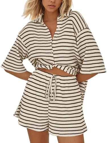 Burtell Summer Striped 2 Piece Lounge Sets For Women Casual Loose Short Sleeve Button Down Shirt Drawstring Shorts Pajama Set Brown, Medium