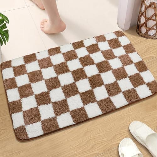 Checkered Bath Mat Brown White Bathroom Rugs Moroccan Checkerboard Rug Non Slip Doormat Water Absorbent Bath Rug Soft Microfiber Machine Washable Floor Mats for Tub Bathroom Indoor