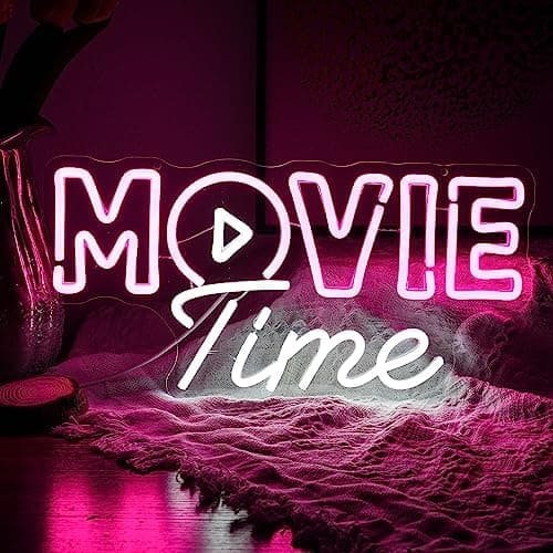 Movie Time Neon Sign LED pink white Neon Light for Wall Decor Dimmable USB Neon Lights for Film Room Party Decor Cinema Man Cave Boys Gift（16.5’’X8.6’’）