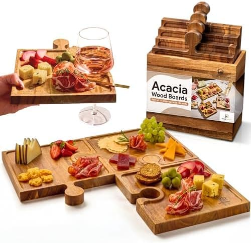 Homesphere Wooden Charcuterie Boards, Appetizer Tray for Parties & Cutting Board with Handle, Set of 4, Acacia Wood Board, Wine Gifts, Wine Accessories, Interlocking Puzzle Serving Tray w/Storage Box