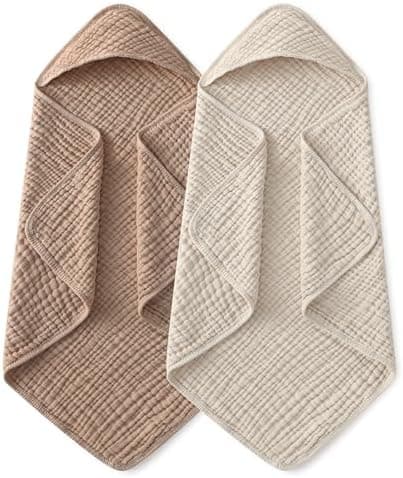 Yoofoss Hooded Baby Towels for Newborn 2 Pack 100% Muslin Organic Cotton Baby Bath Towel with Hood for Babies, Infant, Toddler and Kids, 32x32Inch, Soft and Absorbent Newborn Essential, Beige&Coffee