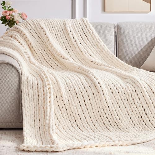 Negwoo Chunky Knit Throw Blanket, 60''*80'' Knitted Throw Chenille Yarn for Bed Couch, Handmade Cream Crochet Big Thick Blanket, Machine Washable Cute Comfy Blanket for Home Decor